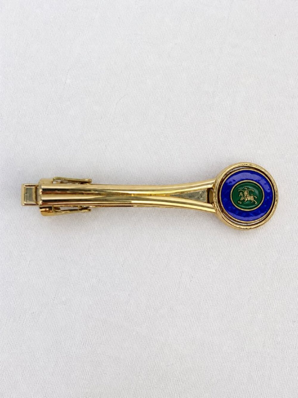 Burberrys Gold Tone Tie Bar Blue Enamel Equestrian Medallion